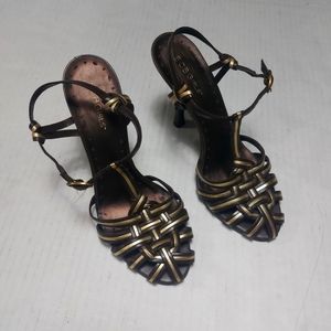 BCBGirls Brown and Gold Ankle Straps Heels Size 7.5B